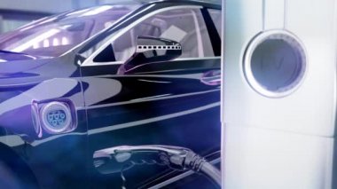 Şarj noktasında elektrikli araba şarj oluyor. 4k 3d animasyon