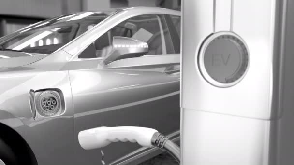 Autó csatlakozik a töltőállomáshoz. 4k 3D animáció — Stock videók