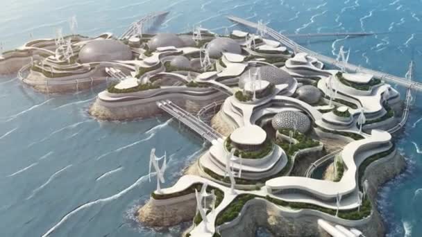 Koncepcja miasta przyszłości, wyspa zaawansowanych technologii w oceanie — Wideo stockowe