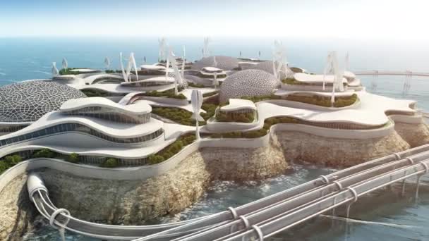 Island City concepto futuro con red de transporte y molinos de viento modernos — Vídeos de Stock