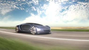 Kumlu çölde otoyolda elektrikli bir araba. Gelecekteki araba kavramı. 4k animasyon. 