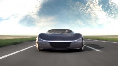 Çölde otoyolda elektrikli bir araba. Ön manzara. Gelecek kavramı. 4k animasyon.