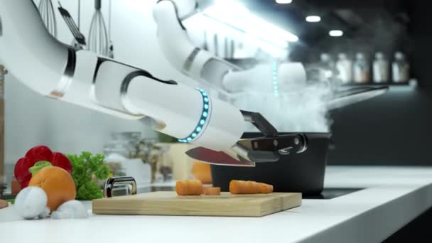 Roboten förbereder lunchen. Robotens hand skär morot, kastar den i kokande vatten. Animering. 4k — Stockvideo