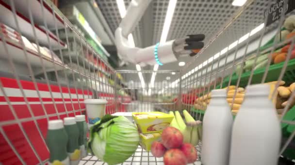 Ręczny robot kupuje jedzenie i wkłada je do koszyka. 4k — Wideo stockowe