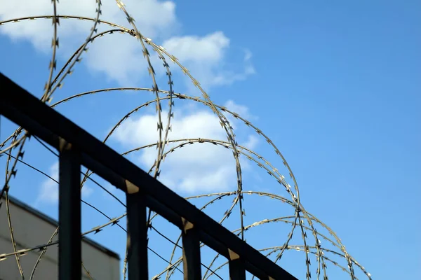 Güvenlik çitlerinin dikenli telleri ya da korumalı bölge bölgesi, metniniz için boşluklu özgürlük kavramı