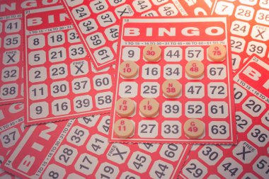 İş başarı kavramı: Kırmızı bingo kartı ile beyaz arka plan üzerinde izole kırmızı küçük parça.