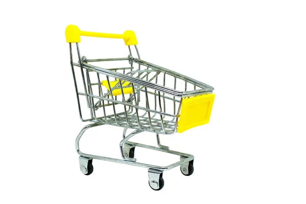 Einkaufs Und Kaufkonzept Gelber Einkaufswagen Isoliert Auf Weißem Hintergrund Selektiver — Stockfoto