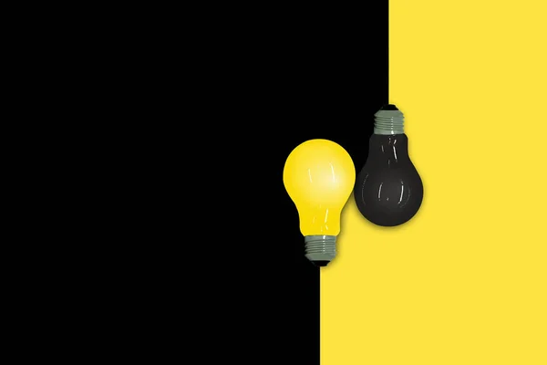 商业创意和理念概念 黄色和黑色灯泡放在半黄色和黑色的背景 — 图库照片