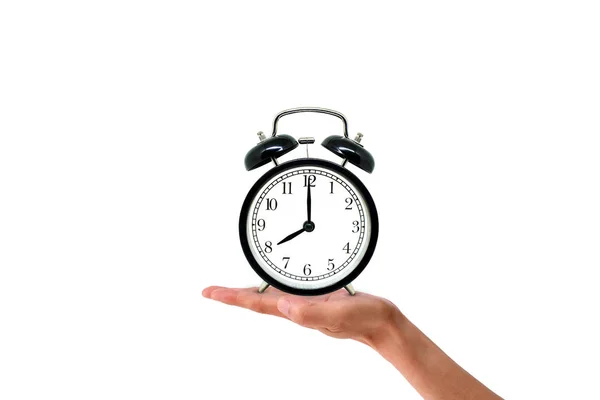 Conceito Gerenciamento Tempo Mão Segurando Retro Relógio Alarme Preto Que — Fotografia de Stock
