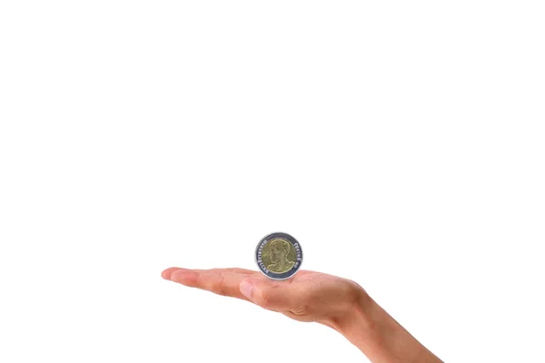 Business Concept Hand Holding Silver Coin Baht Isolated White Background — Stock Photo, Image