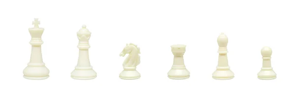 Freizeit Und Freizeitkonzept Reihe Von Sechs Weißen Schachfiguren Auf Weißem — Stockfoto