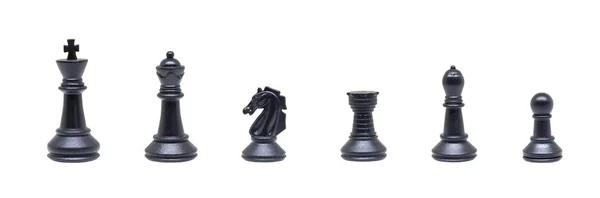 Freizeit Und Freizeitkonzept Reihe Von Sechs Schwarzen Schachfiguren Auf Weißem — Stockfoto