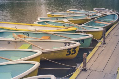 Nakajima Park bulutlu bir günde göl üzerinde yüzen ahşap sandal veya sampan Satır (Koen), Sapporo City, Hokkaido, Japonya.