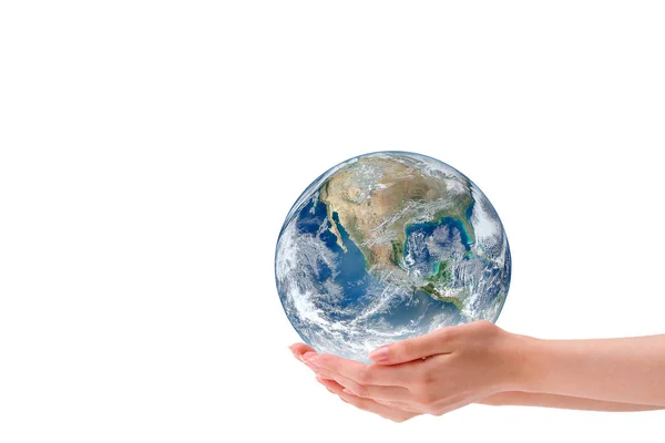Ecology Concept Woman Holding Planet Earth Globe Isolated White Background — Foto de Stock