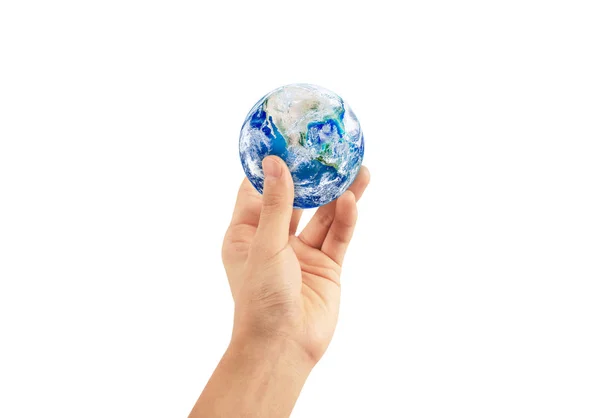 エコロジーコンセプト 白い背景に孤立した手に惑星地球の地球を保持している人 この画像の要素は Nasaによって提供されました — ストック写真