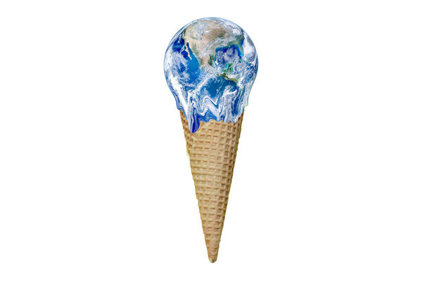 Global Warming and Pollution Concept : Ice cream planet earth globe melting isolated on white background. (Elements of this image furnished by NASA.)
