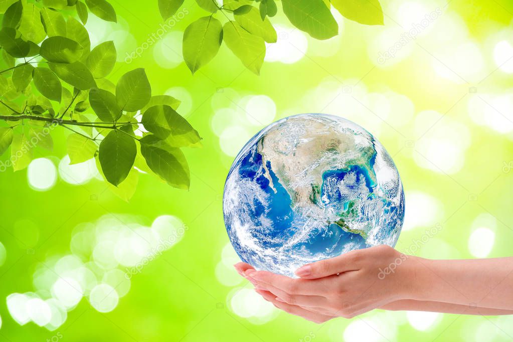 Ecology Concept : Woman hand holding planet earth globe with green natural in background. (Elements of this image furnished by NASA.)