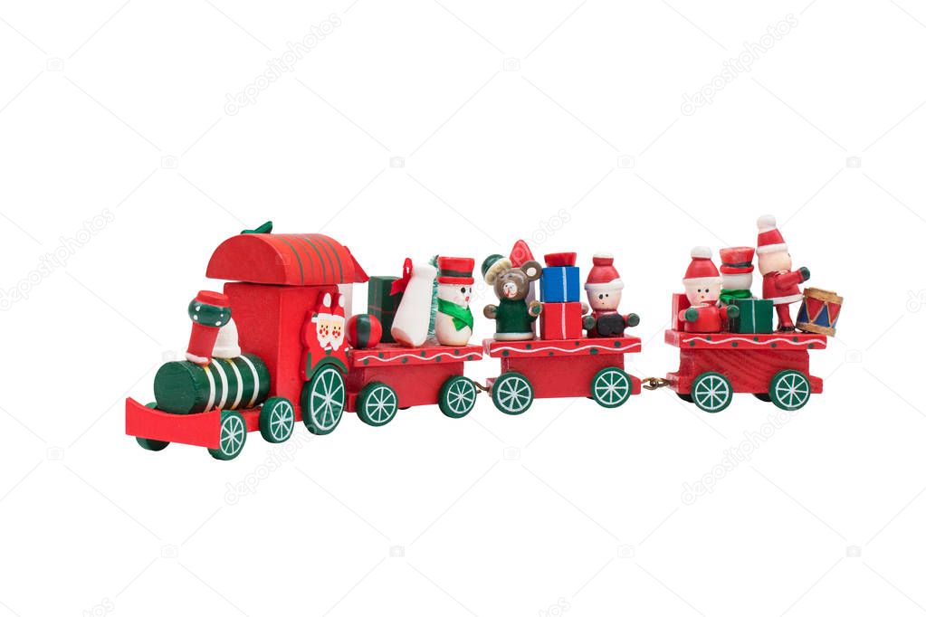 Christmas train toy model carry snowman and gifts isolated on white background.