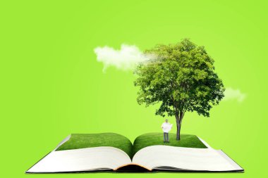 Ekoloji ve Eğitim Kavramı : Açılan kitap üzerinde yeşil ağacın altında duran ve kitap okuyan insanlar olarak minyatür figür karakteri.