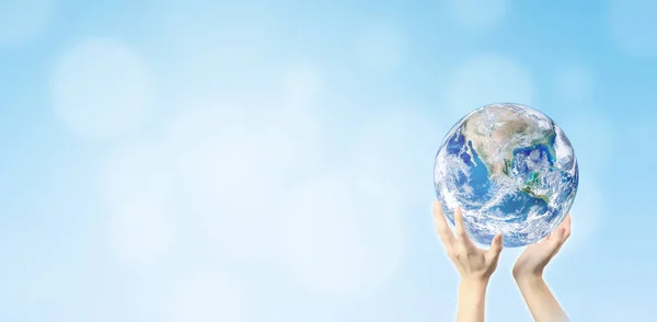 Ecology Concept Hand Holding Blue Planet Earth Globe Blurred Bokeh — Foto de Stock
