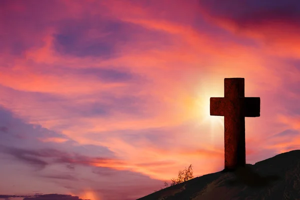 Silhouette Wooden Cross Hill Beautiful Landscape Background — Stock Photo, Image