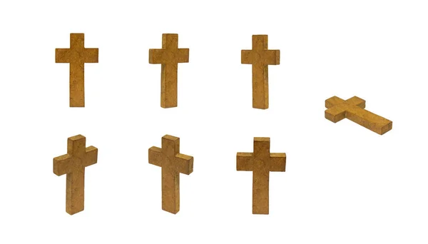Group of wooden cross isolated on white background.