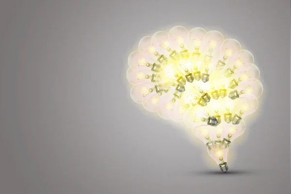 Business Idea Concept Bright Yellow Light Bulb Brain Shape Grey — Stock Photo, Image