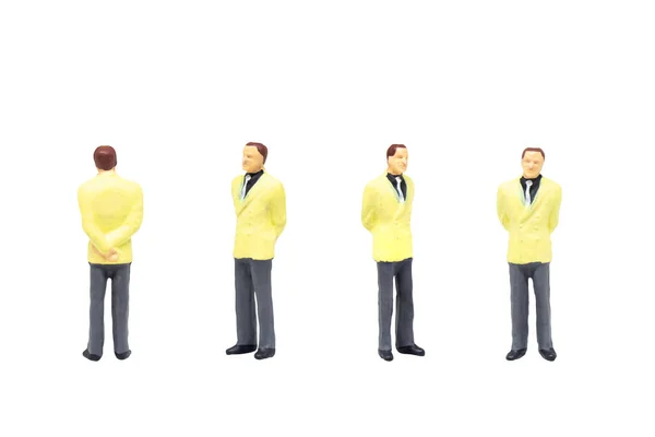 Miniaturowa Figurka Postaci Jako Biznesmen Stojący Pracujący Pozycji Odizolowanej Białym — Zdjęcie stockowe