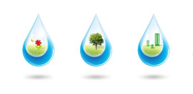 Ekoloji ve Çevre Konsepti: Mavi sulardaki yeşil ağaçlar, çiçekler ve binalar yere düşüyor.