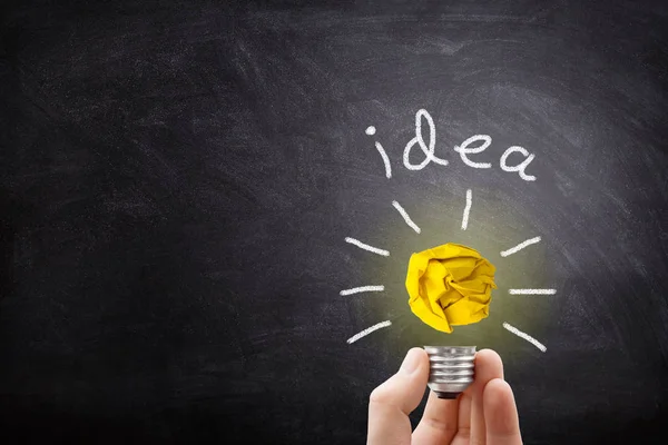 Business Idea Concept : Hand holding yellow crumpled paper ball light bulb lighting grow around on chalkboard.