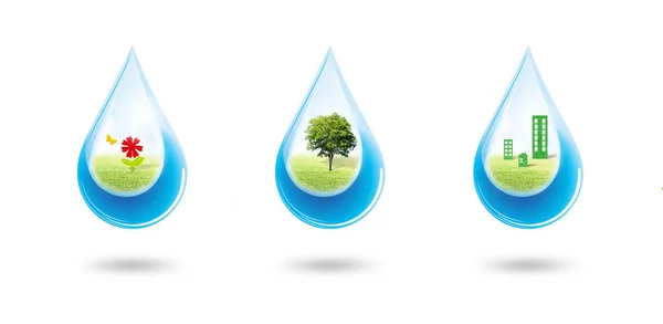 Ecology Environmental Concept Green Trees Flowers Buildings Blue Water Drop — Stock Photo, Image