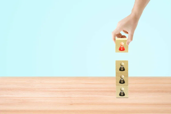 Business Concept Hand Holding Putting Businessman Wooden Block Top Stack — 스톡 사진