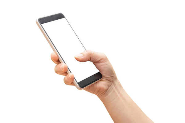 Business Communication Concept Mulher Mão Segurando Velho Smartphone Preto Isolado — Fotografia de Stock