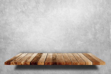 Alçı beton grunge desen arkaplan ahşap raf ile boş uzay karanlık oda.