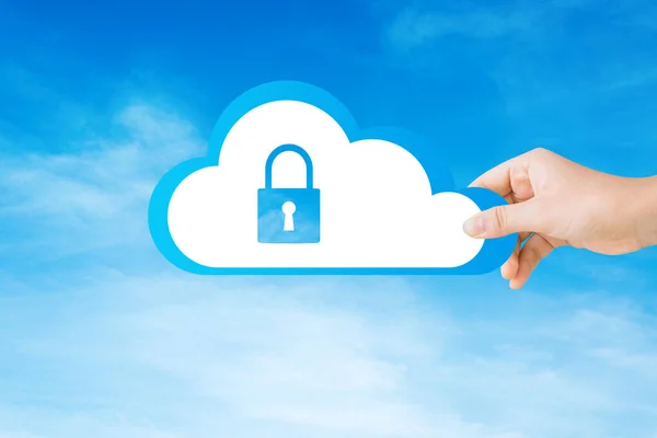 Cloud Technology, Internet, Digital and Networking Security Concept : Hand holding lock icon symbol on white cloud paper in blue sky.