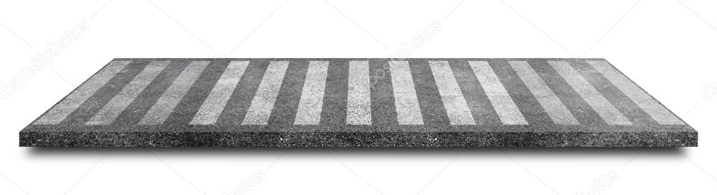 Side view of White pedestrian crosswalk or Zebra crossing on asphalt road isolated on white background. (Clipping path)