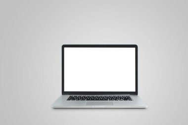 İş İletişim Konsepti: Gri arka planda beyaz ekranlı kullanılmış siyah dizüstü bilgisayar.