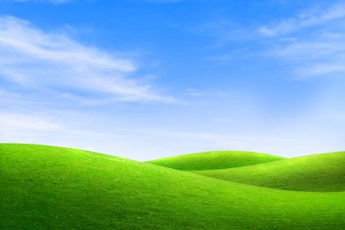 Yeşil çayır arazisi manzarası ve yaz mevsiminde beyaz bulutlar ve mavi gökyüzü olan küçük tepe..