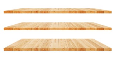 Boş ahşap raf beyaz arkaplanda izole.