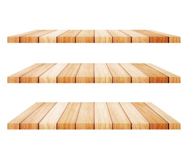 Boş ahşap raf beyaz arkaplanda izole.