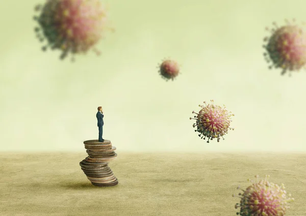 Business Crisis and CORONA Virus Concept : Businessman standing on stacked coins and looking at virus particle floating in air.