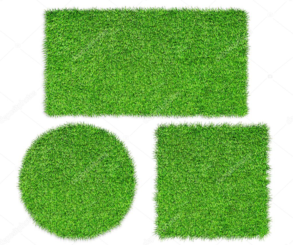 Top view of Green artificial grass in circle, square and rectangle shape isolated on white background. (Clipping path)