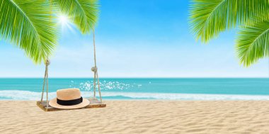 Yaz Tatili ve Tatil Gezisi Konsepti: Tropikal deniz manzaralı ahşap salıncak ve arka planda güneş ışığı takılı örgü şapka.