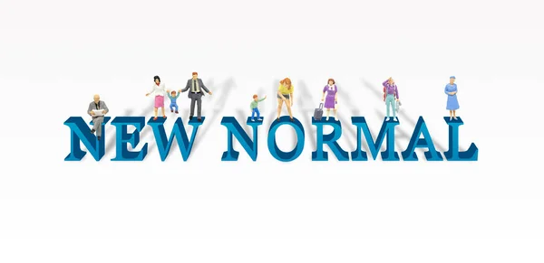 People Lifestyle in New Normal Concept : Miniature people posing in lifestyle and standing on text wording NEW Normal on white background. (Clipping path)