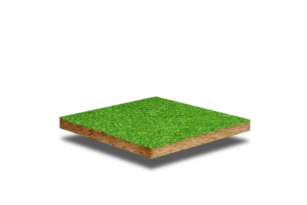 正方形人工绿草的侧视图覆盖着被白色背景隔离的褐色土壤 收割路径 — 图库照片