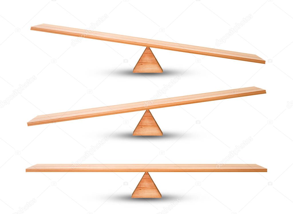 Business Concept : Wooden seesaw or balance scales isolated on white background.
