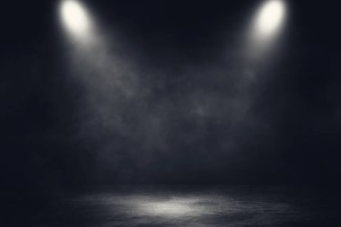 Stüdyo karanlık odasının boş alanı zemin beton zemin grunge desen arka planı spot ışığı ve beyaz duman.