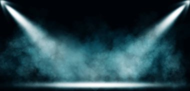 Stüdyo karanlık odasının siyah arka planda spot ışıkları ve sisi olan boş alanı.