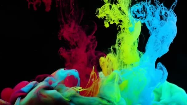 色鮮やかなレインボー塗料は水で混合します 水中旋回インク 黒い背景に分離した絹のようなインクの雲 実際色抽象煙爆発を撃ちます クローズ アップ ビュー — ストック動画