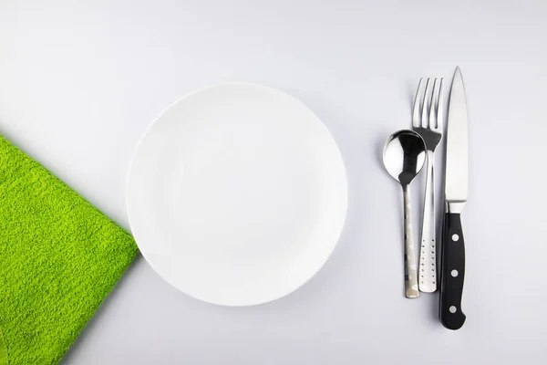 Top View Empty White Food Plates Fork Spoon — Stock Photo, Image